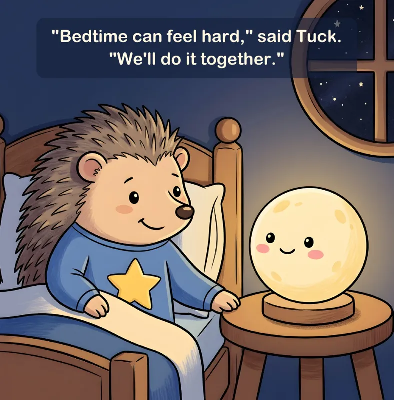 Page 10: "Bedtime can feel hard," said Tuck. "We'll do it together."