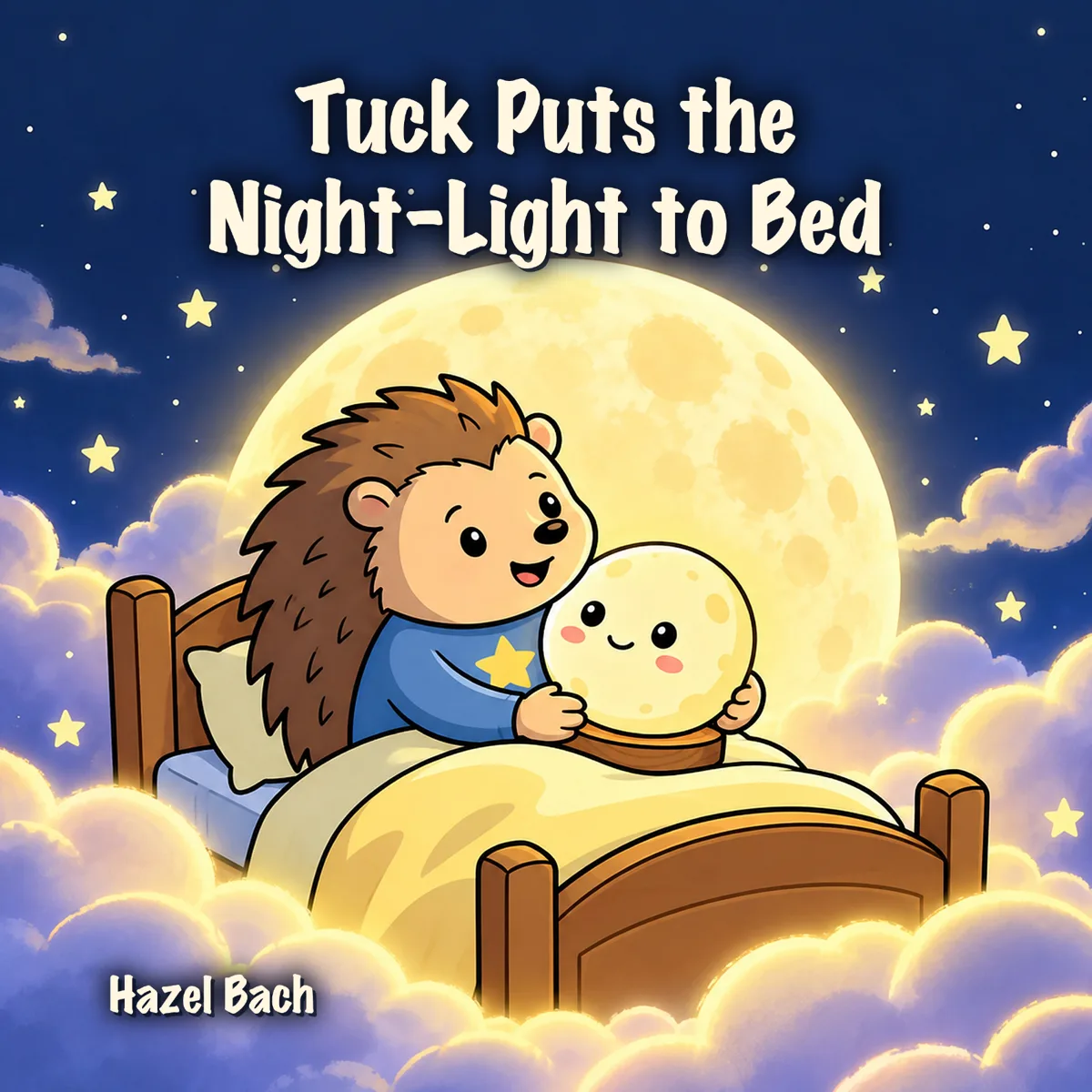 Cover of Tuck Puts the Night-Light to Bed: a hedgehog in blue pajamas hugs a smiling moon-shaped night-light in a bed floating on clouds.
